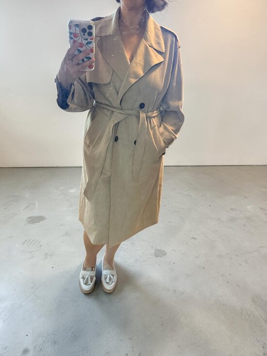Zara Jackets & Blazers - Zara Women’s Long Trench Coat Large – Beige Faux Suede Double Breasted Belted